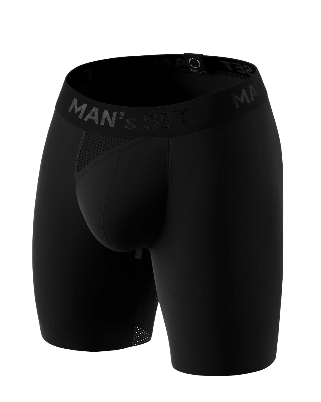 Man’s SET black anatomical men’s boxers long with skew fly, breathable plus-size underwear, angled view