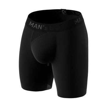 Man’s SET black anatomical men’s boxers long with skew fly, breathable plus-size underwear, angled view