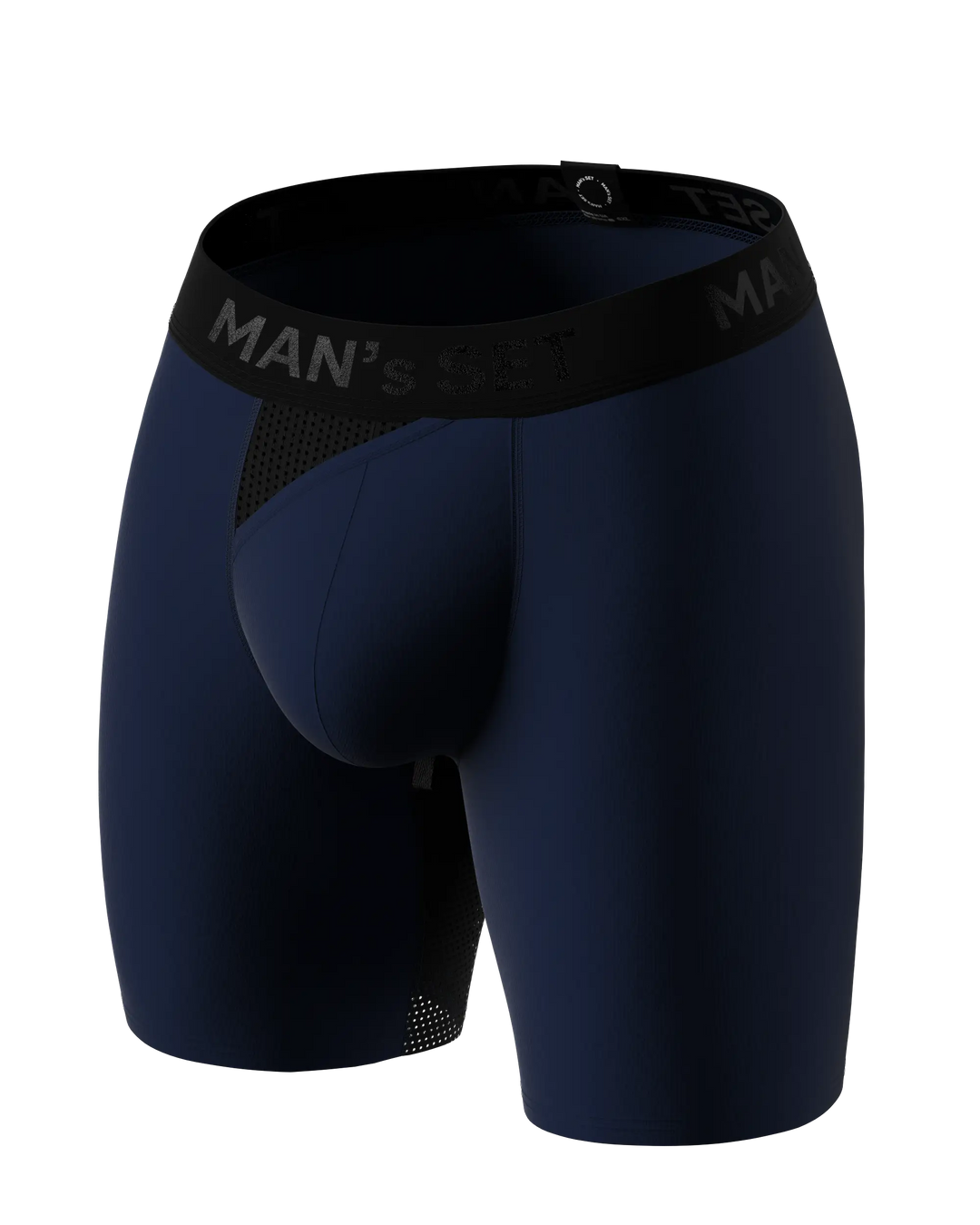 Man’s SET navy long anatomical men’s boxers with skew fly, breathable light plus-size style, angled view