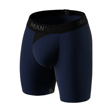 Man’s SET navy long anatomical men’s boxers with skew fly, breathable light plus-size style, angled view