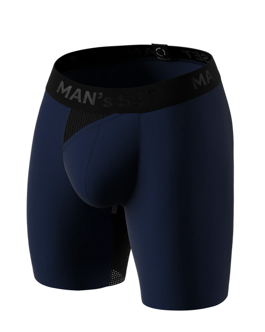 Man’s SET navy long anatomical men’s boxers with skew fly, breathable light plus-size style, angled view