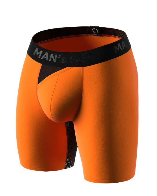 Man’s SET orange long anatomical men’s boxers with skew fly, lightweight plus-size fit, angled view