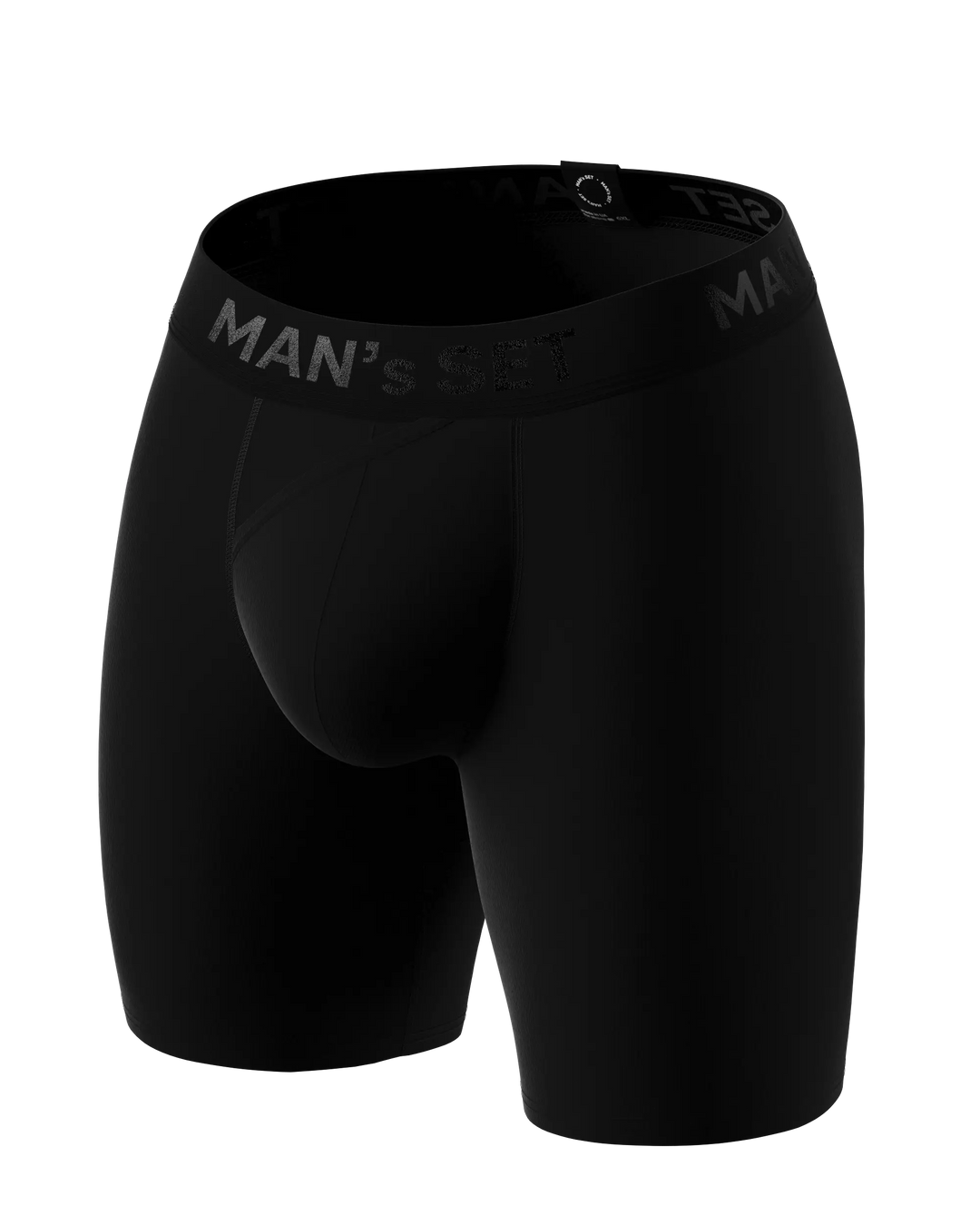 Black men’s long anatomical boxer briefs with skew fly by Man’s SET, breathable plus-size underwear, angled view