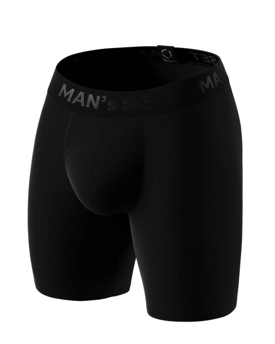 Black men’s long anatomical boxer briefs with skew fly by Man’s SET, breathable plus-size underwear, angled view