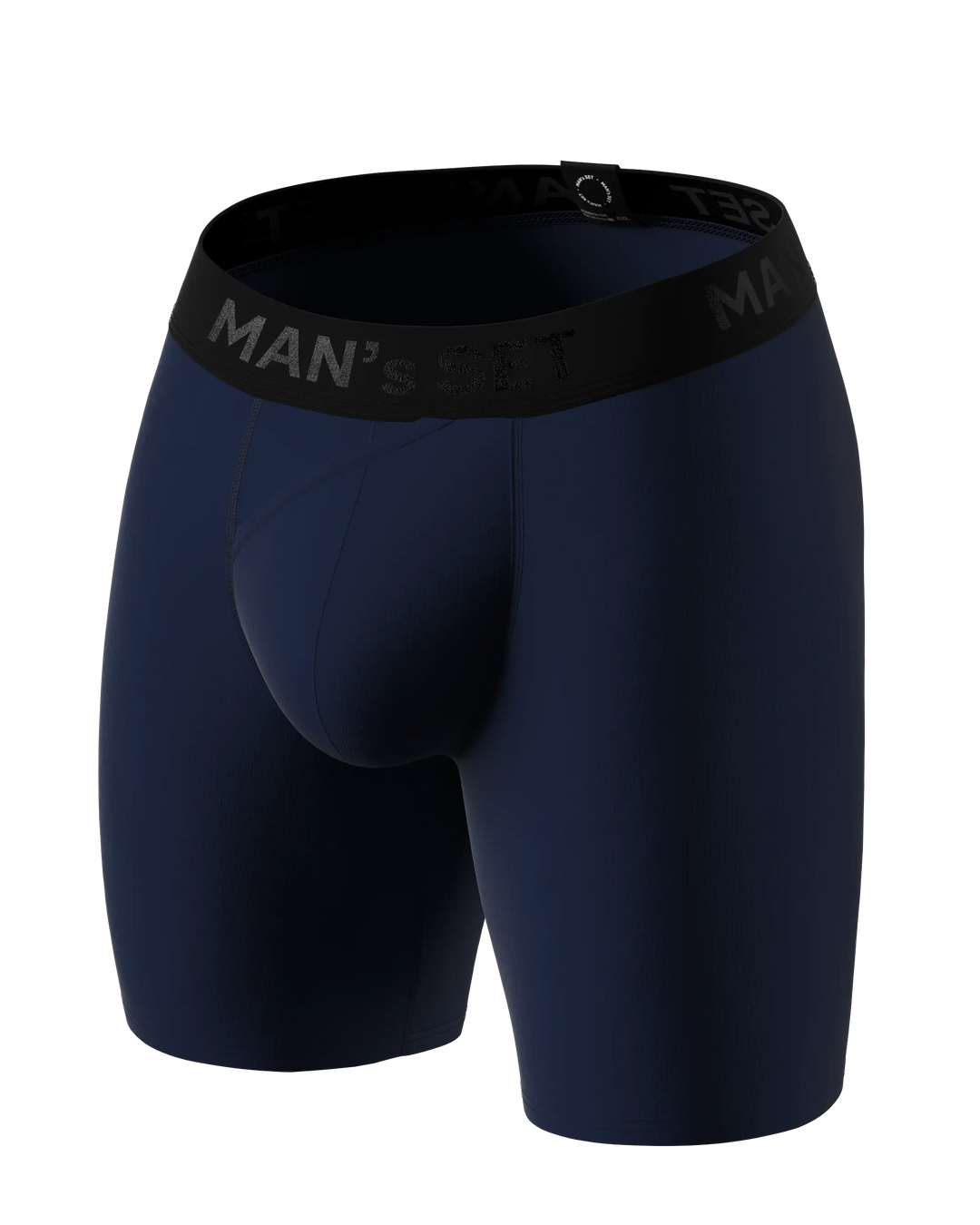 Navy anatomical men’s long boxer briefs with skew fly by Man’s SET, breathable plus-size underwear, angled view