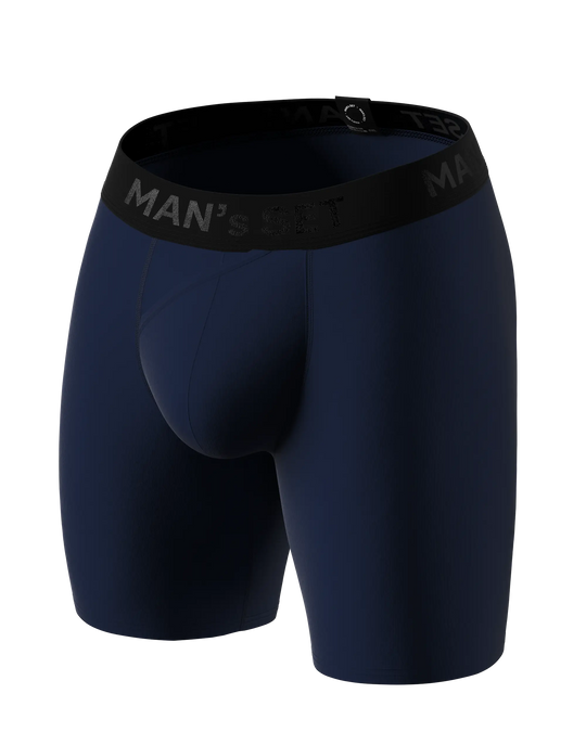 Navy anatomical men’s long boxer briefs with skew fly by Man’s SET, breathable plus-size underwear, angled view