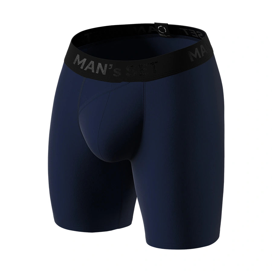 Navy anatomical men’s long boxer briefs with skew fly by Man’s SET, breathable plus-size underwear, angled view