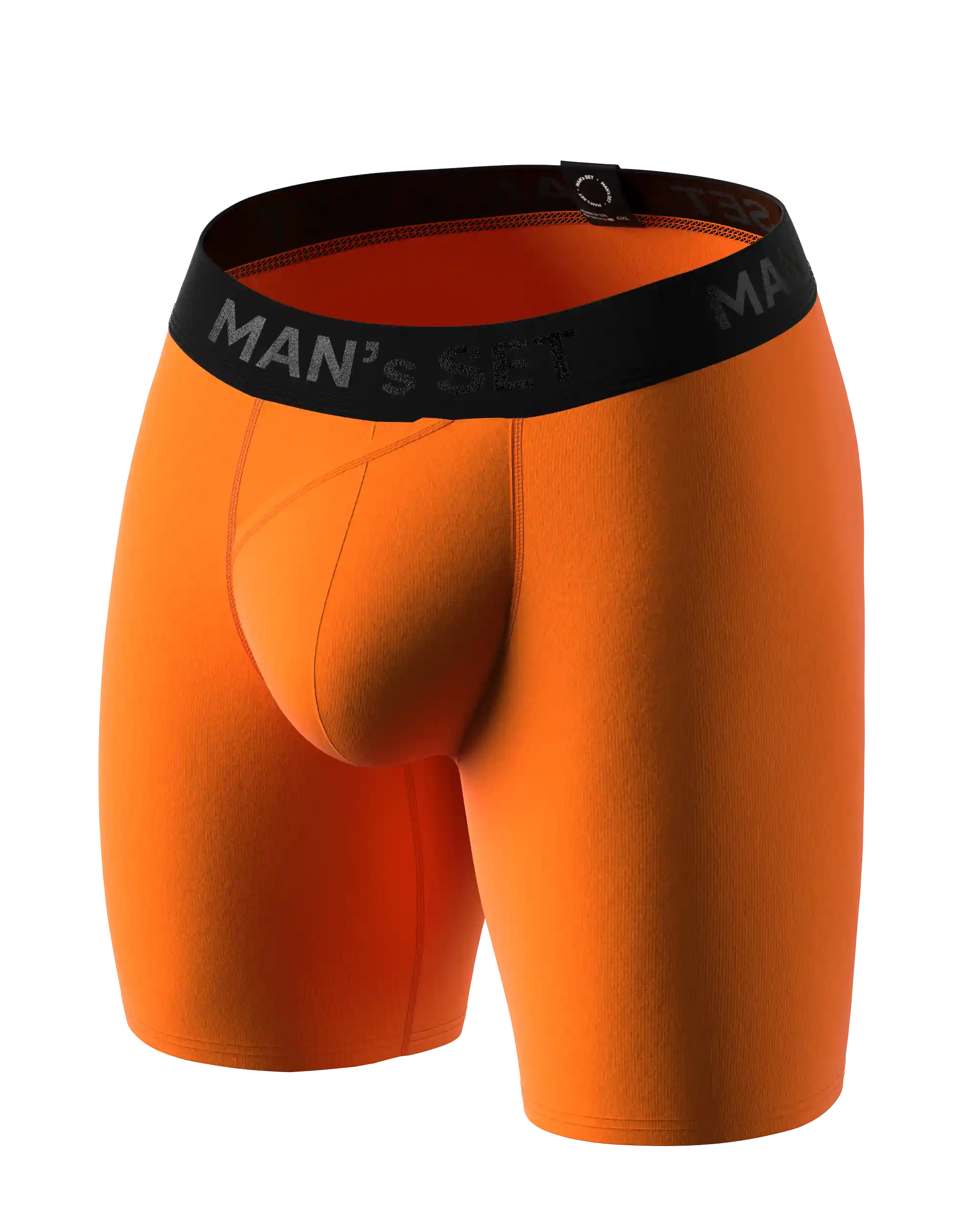 Orange anatomical men’s boxer briefs long with skew fly by Man’s SET, supportive plus-size underwear, angled view
