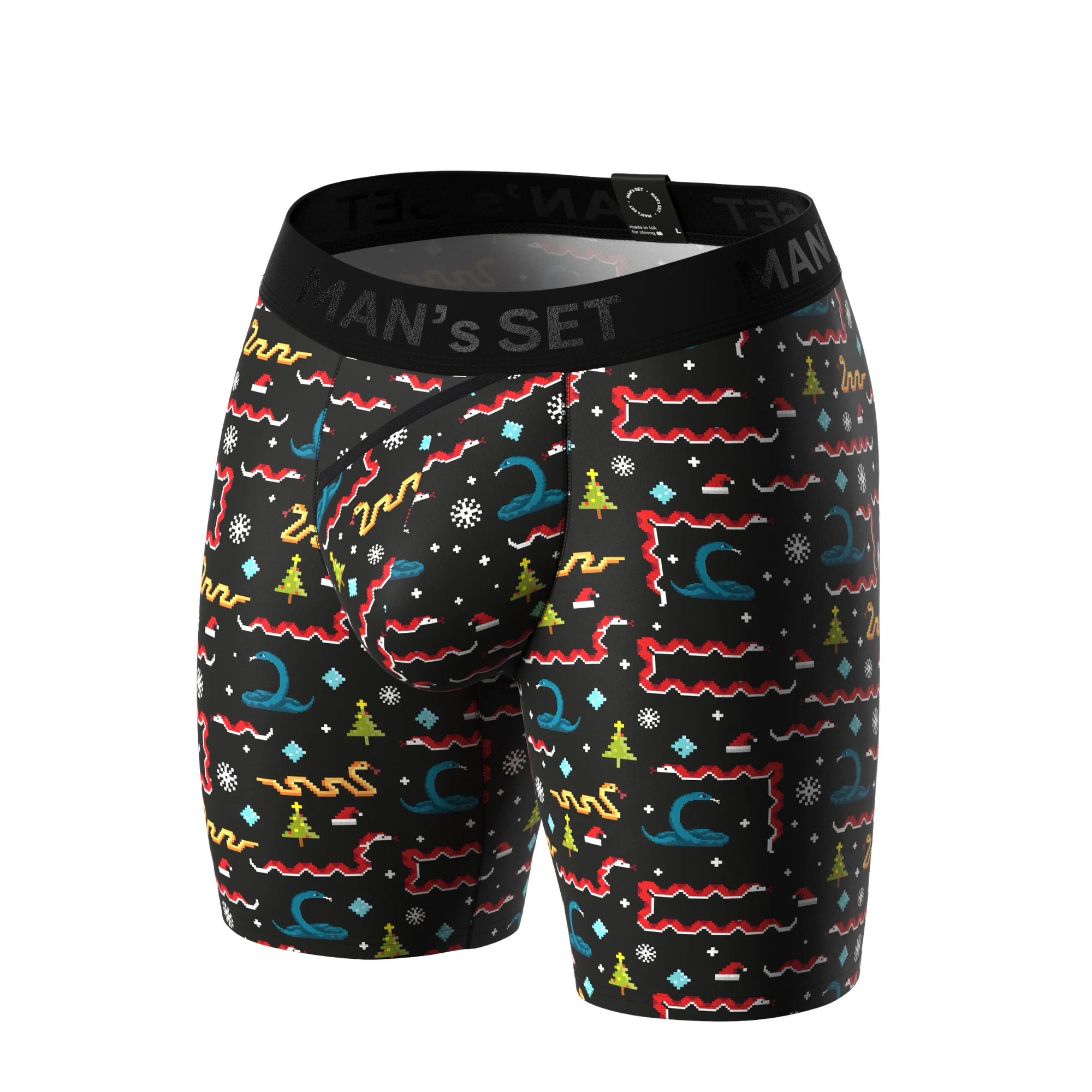Man’s SET Snakes boxer briefs, black men’s underwear with holiday print and ergonomic pouch, angled front view