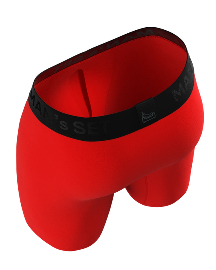 Man’s SET red UltraSoft boxer briefs, anatomical men’s underwear with open fly, back view