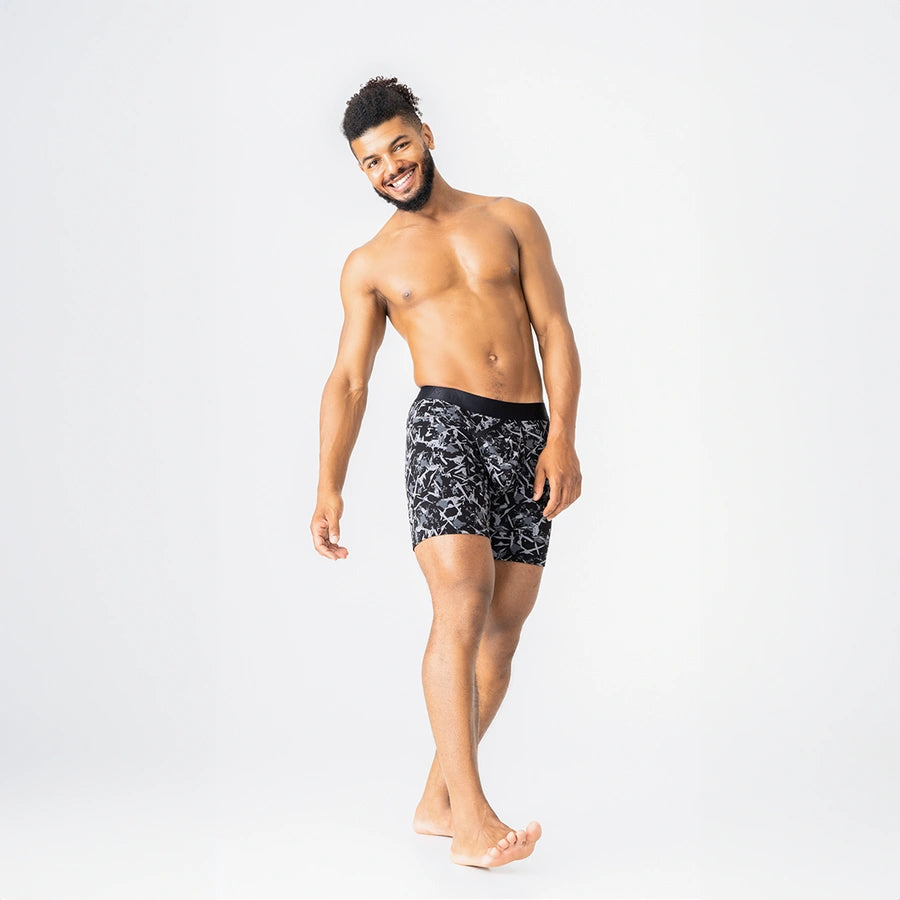 Man’s SET UltraSoft men’s boxer briefs in black with Ink Splash print, breathable anatomical underwear, front angled view