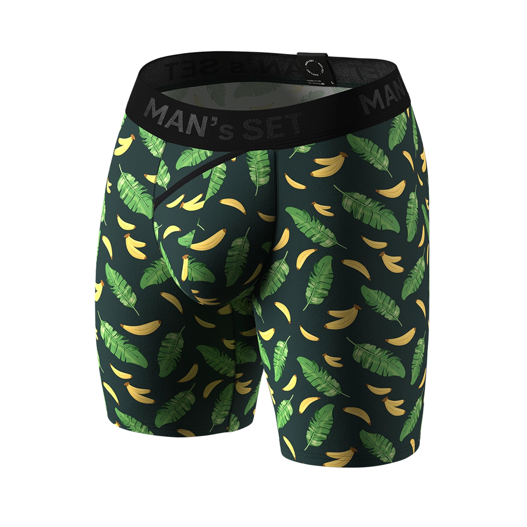Man’s SET Tropical Vibes men’s boxer briefs, breathable anatomical underwear with banana leaf print, angled front view