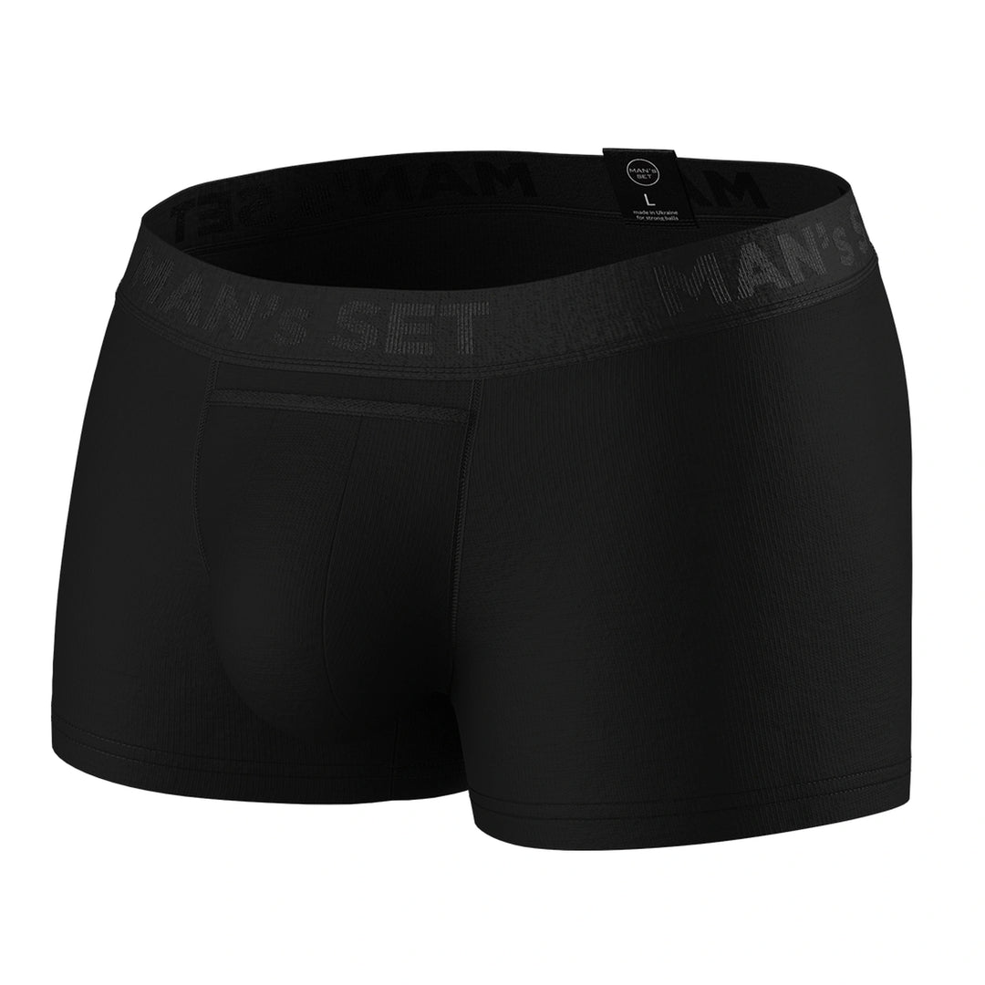 Man’s SET black anatomical pouch cotton trunks, breathable men’s underwear, front view