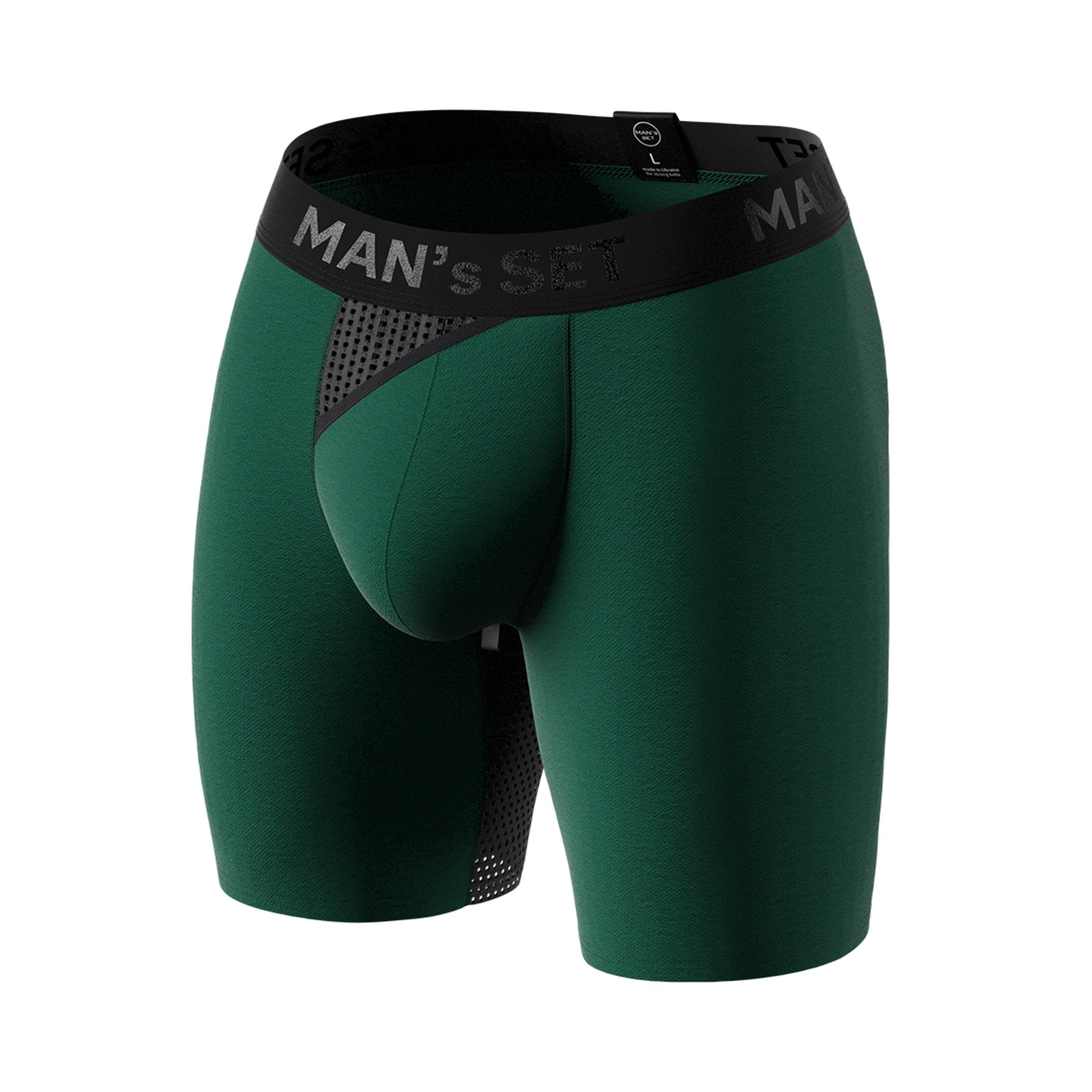 Man’s SET forest green AirFlow boxer briefs, breathable men’s underwear with mesh panels, front view