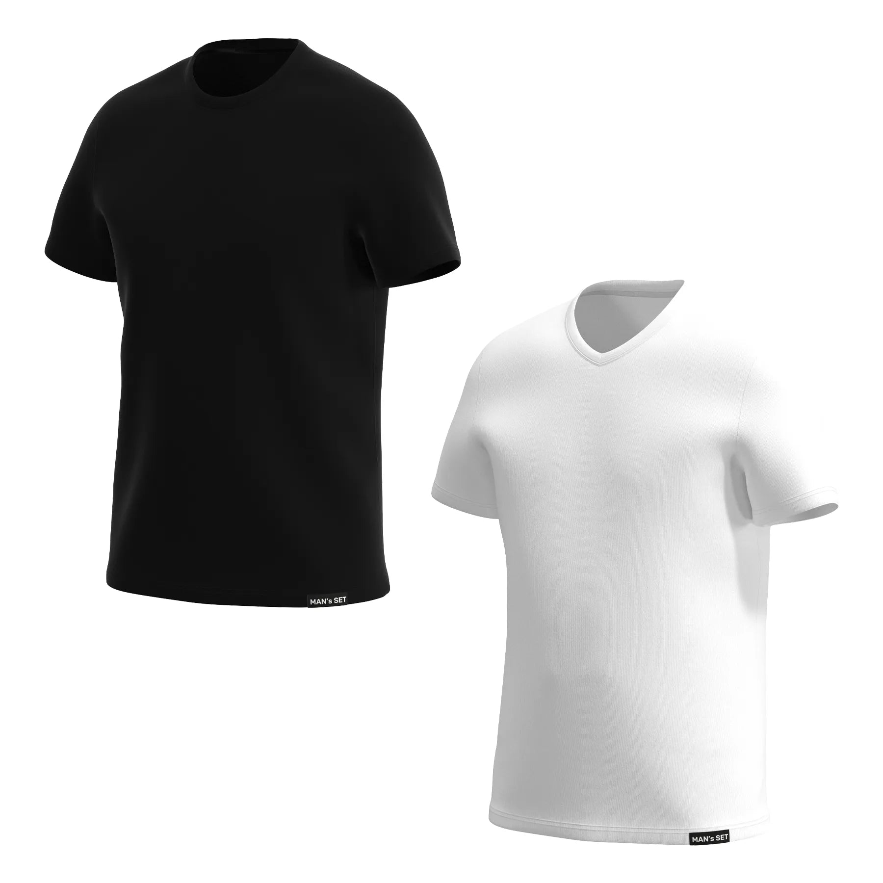 Man’s SET Neck Combo Plus, black crewneck and white V-neck men’s T-shirts, front view