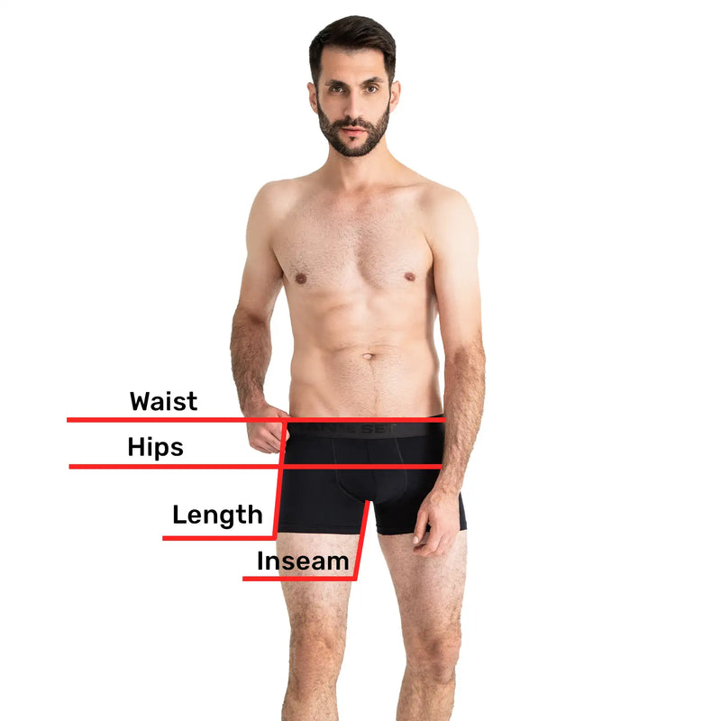 Man’s SET Classic underwear size guide showing waist, hips, length, and inseam measurements