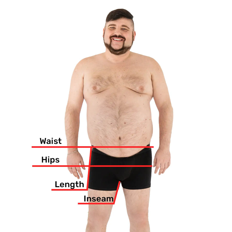 Man’s SET Classic and Intimate Plus-Size underwear size guide with waist, hips, length, and inseam measurements