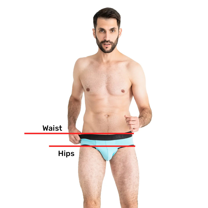 Man’s SET Slips underwear size guide showing waist and hips measurements