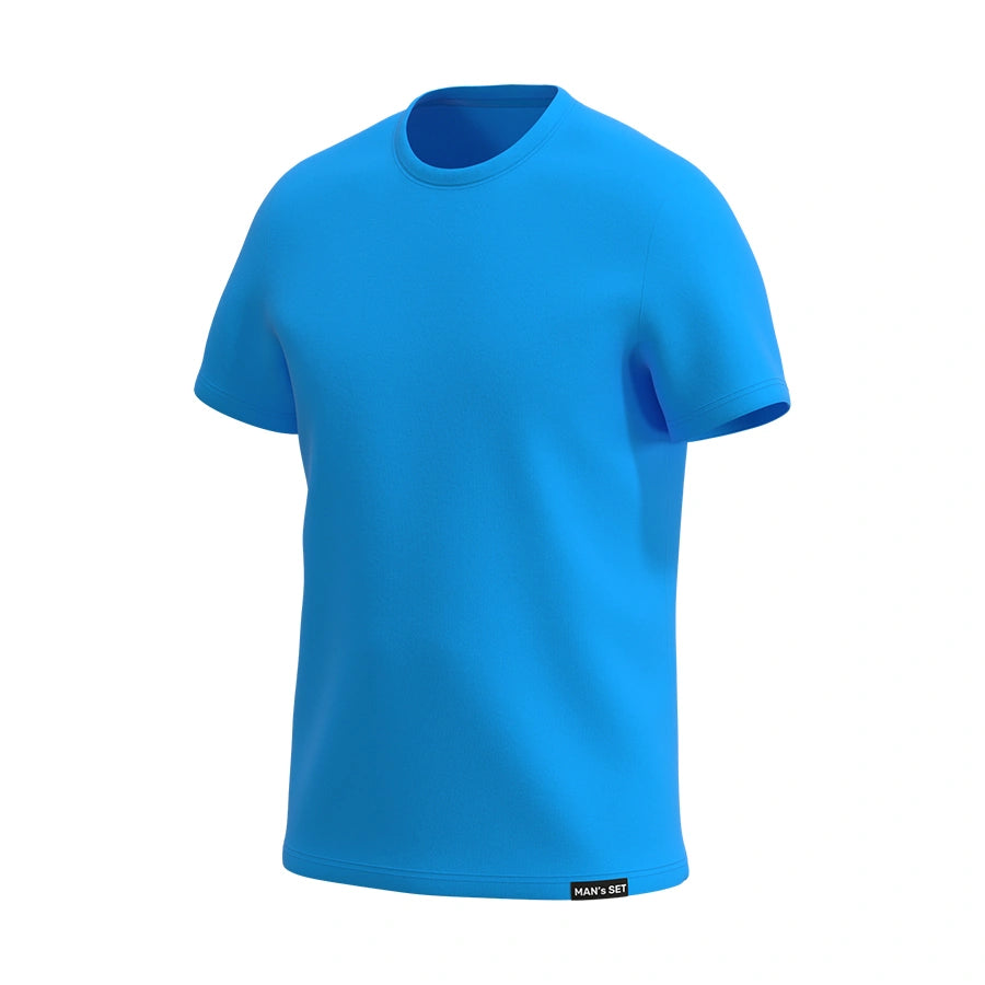 Aqua blue super-soft crew neck T-shirt by Man’s SET, breathable cotton fabric, men’s casual wear essential, side view