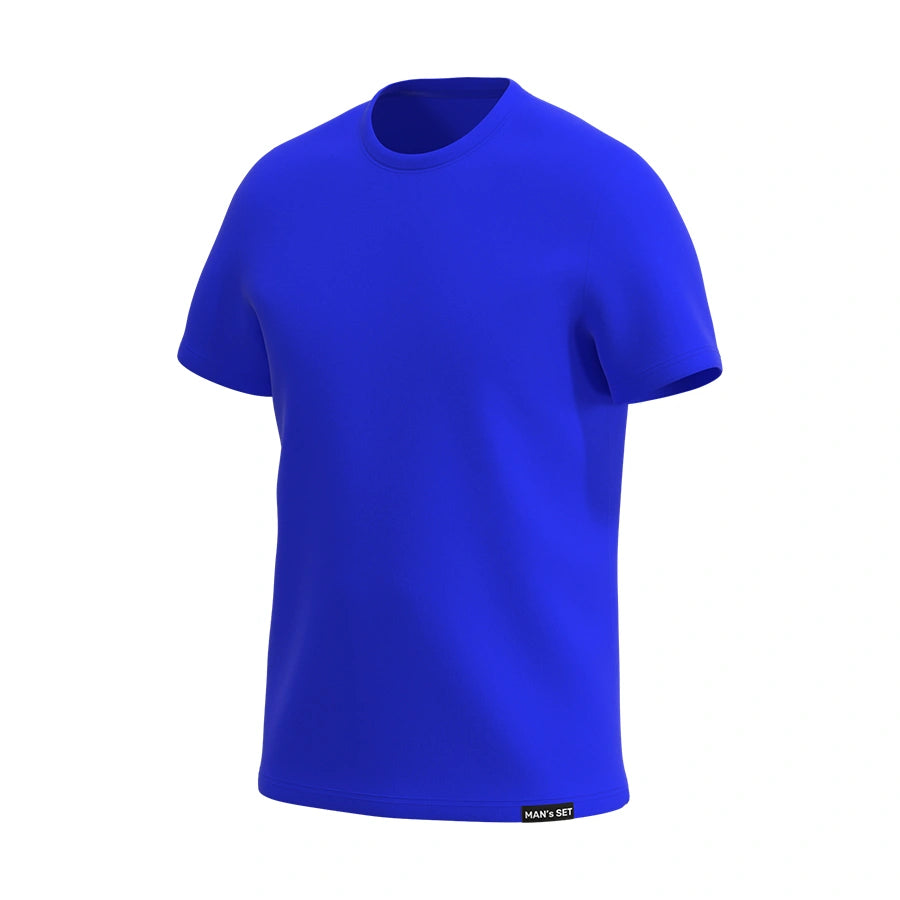 Man’s SET electric blue men’s crew neck T-shirt, breathable cotton and relaxed fit, angled front view