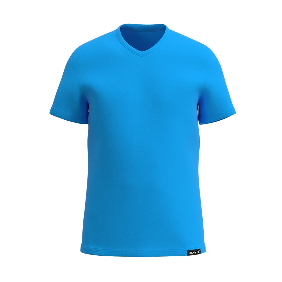 Man’s SET aqua V-neck men’s tee, lightweight cotton blend, breathable summer essential with clean hem, front view
