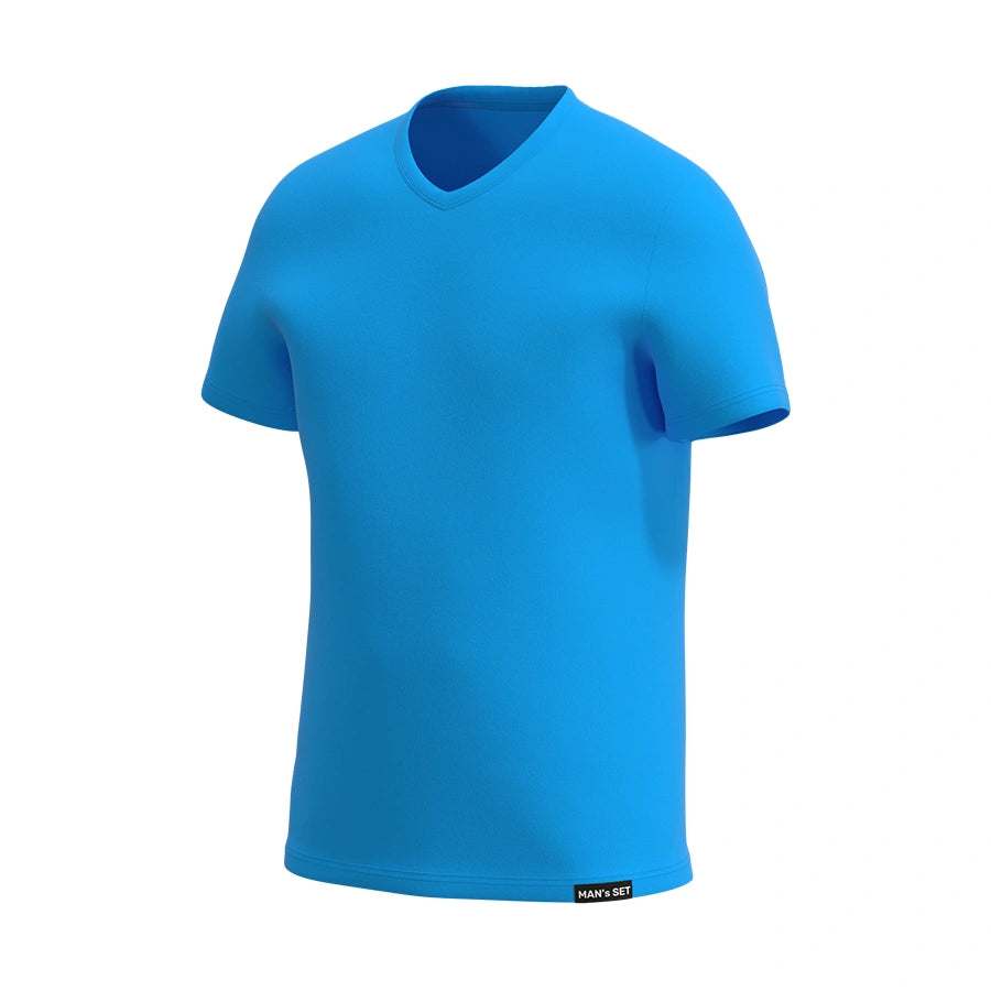 Man’s SET aqua V-neck men’s T-shirt, breathable cotton blend, soft lightweight feel, comfortable summer fit, side-front view
