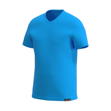 Man’s SET aqua V-neck men’s T-shirt, breathable cotton blend, soft lightweight feel, comfortable summer fit, side-front view