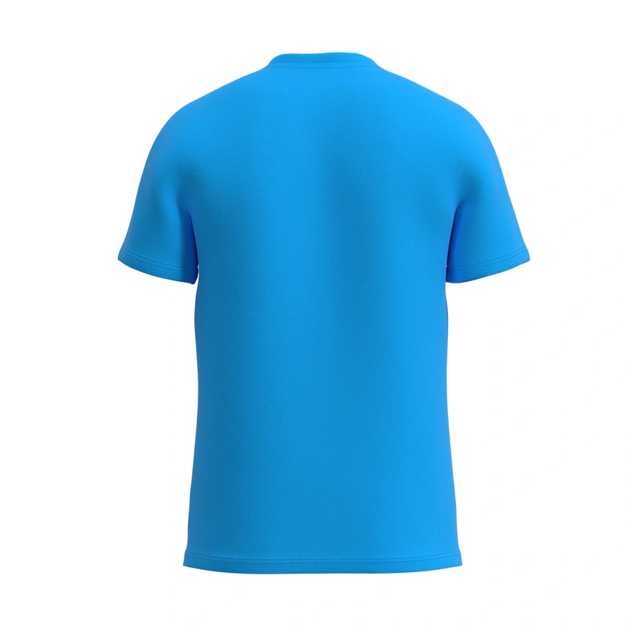 Aqua V-neck men’s tee by Man’s SET, soft cotton fabric with a relaxed fit, breathable and lightweight, back view