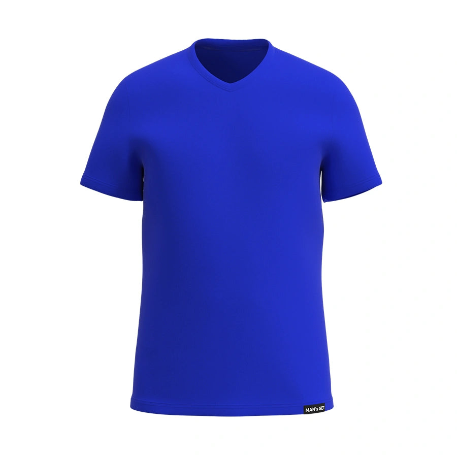Electric blue V-neck men’s shirt by Man’s SET, breathable soft fabric, athletic fit for comfort and style, front view
