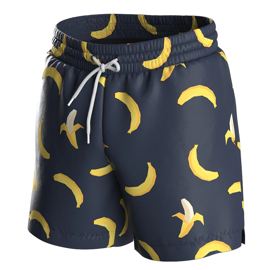Navy banana-print swim shorts by Man’s SET, breathable anatomical fit, quick-dry men’s swimwear with drawstring, front view