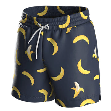 Navy banana-print swim shorts by Man’s SET, breathable anatomical fit, quick-dry men’s swimwear with drawstring, front view