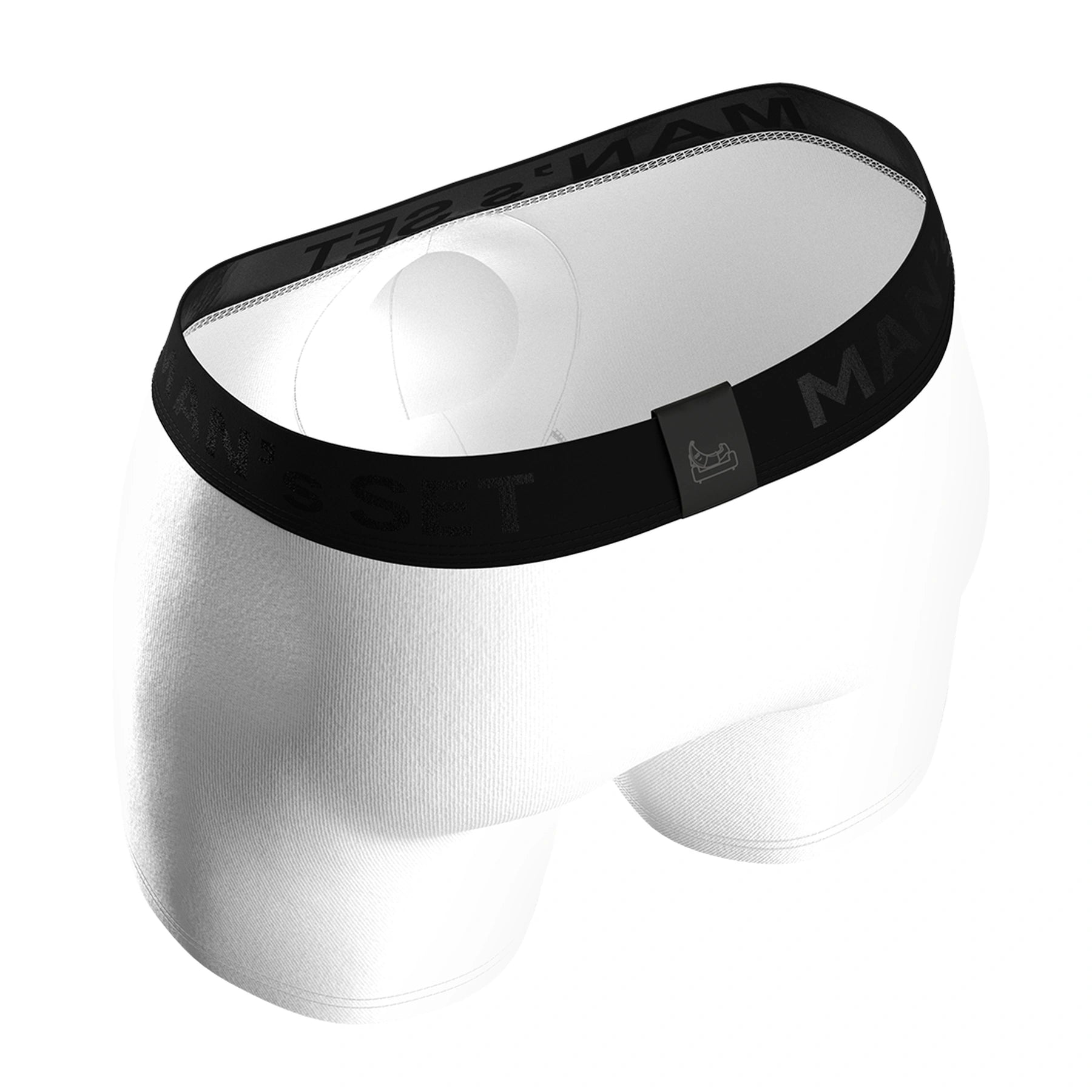 White ProActive 5.8" soft men’s boxer briefs by Man’s SET, ergonomic anatomical design, angled back view