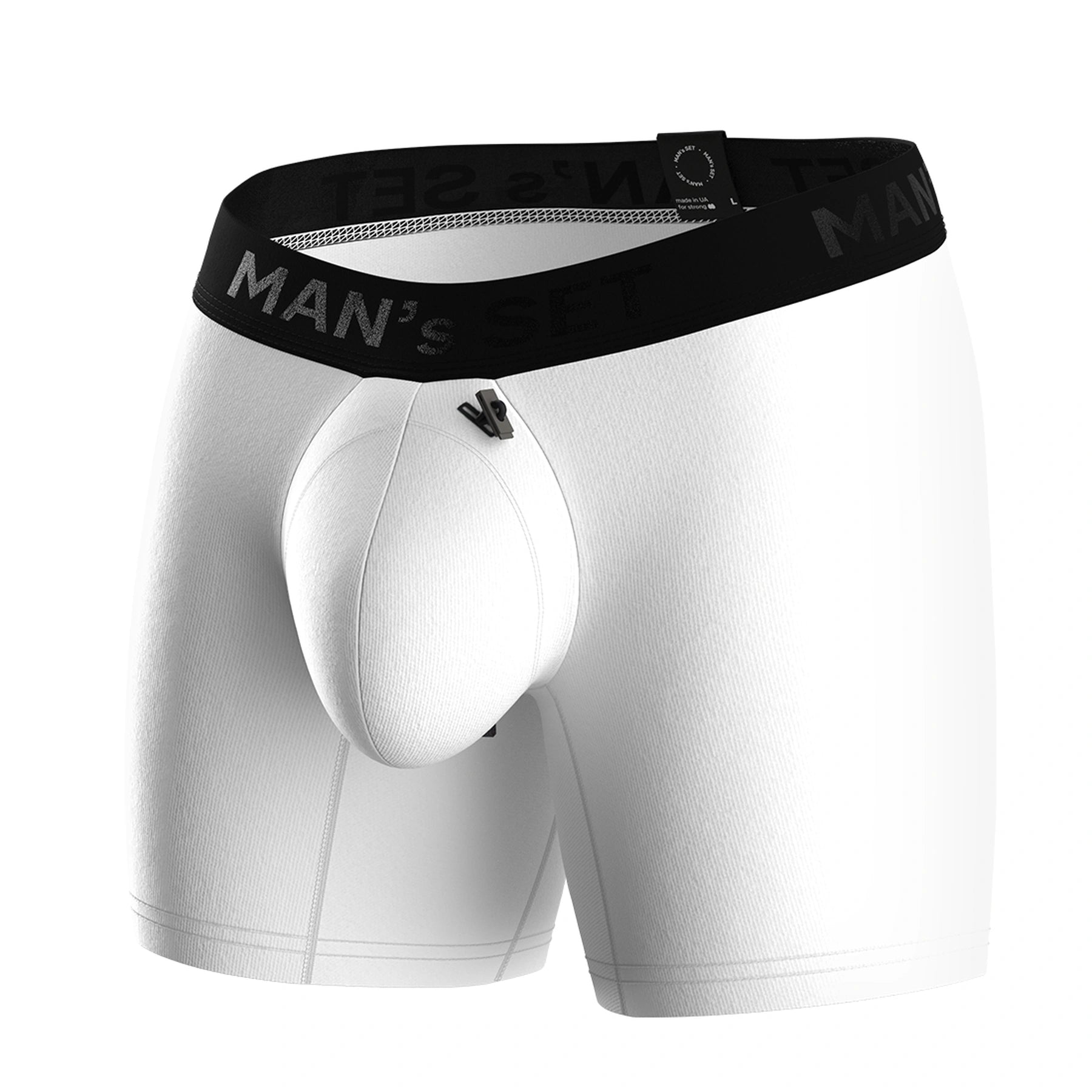 White ProActive boxer briefs by Man’s SET with adjustable pouch drawstring, comfortable men’s underwear, front angle view