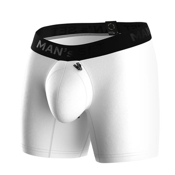White ProActive boxer briefs by Man’s SET with adjustable pouch drawstring, comfortable men’s underwear, front angle view
