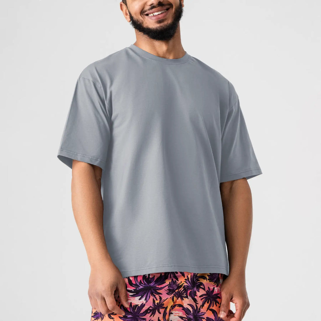 Man’s SET grey premium heavy cotton oversized T-shirt, side view