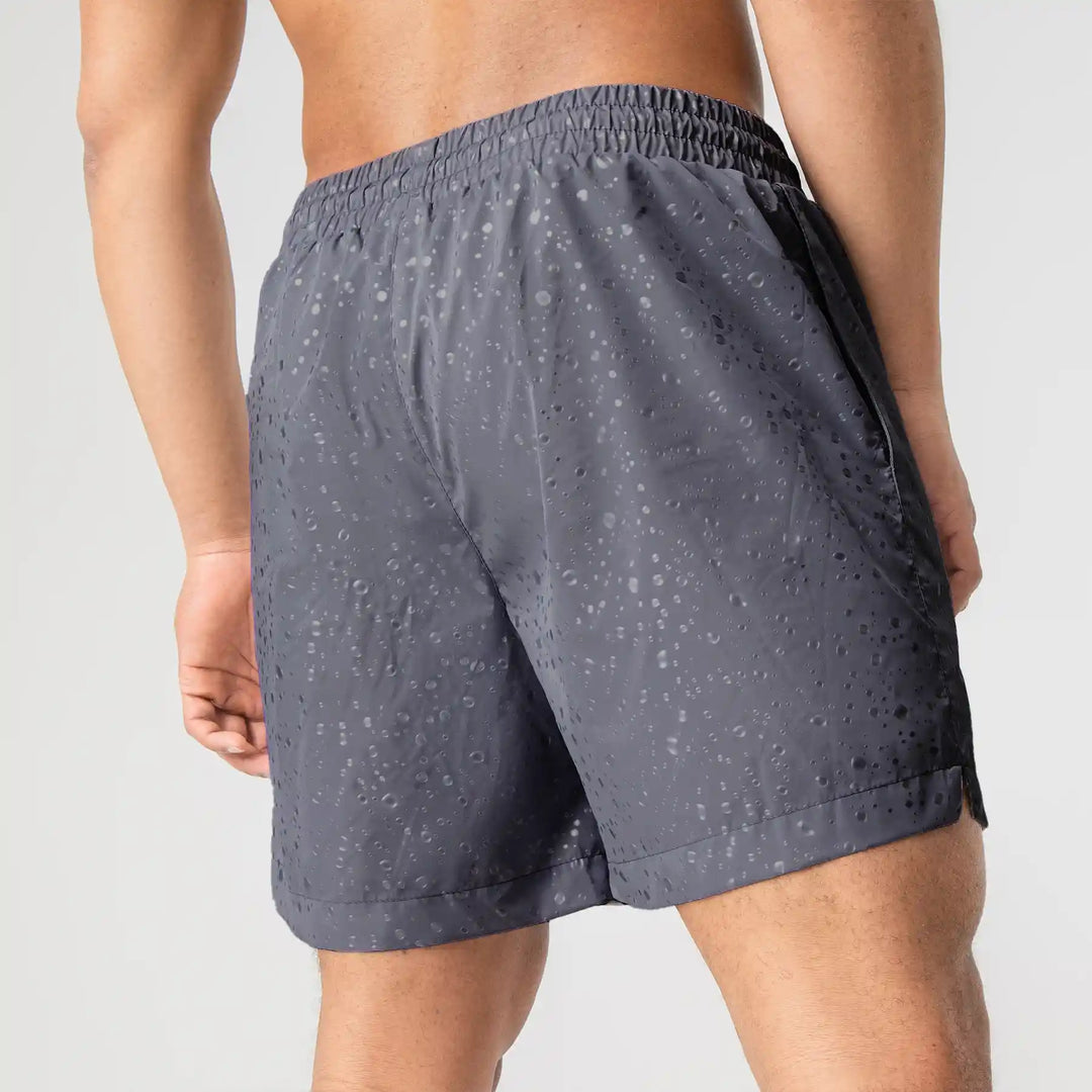 Man’s SET gray swim shorts with water drop print, anatomic breathable swimwear, back view