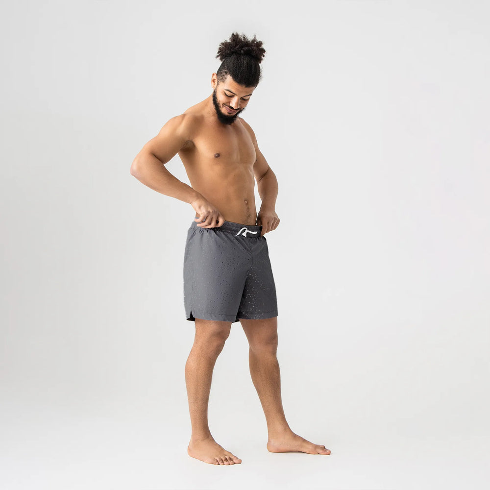 Man’s SET gray swim shorts with white drawstring, water drop print, anatomic fit swimwear, side view