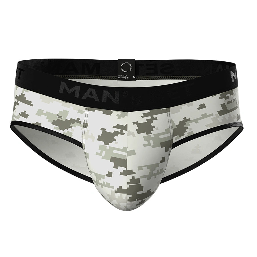 PowerStretch anatomical men’s briefs with Pixel Camo print by Man’s SET, open-fly design, front view