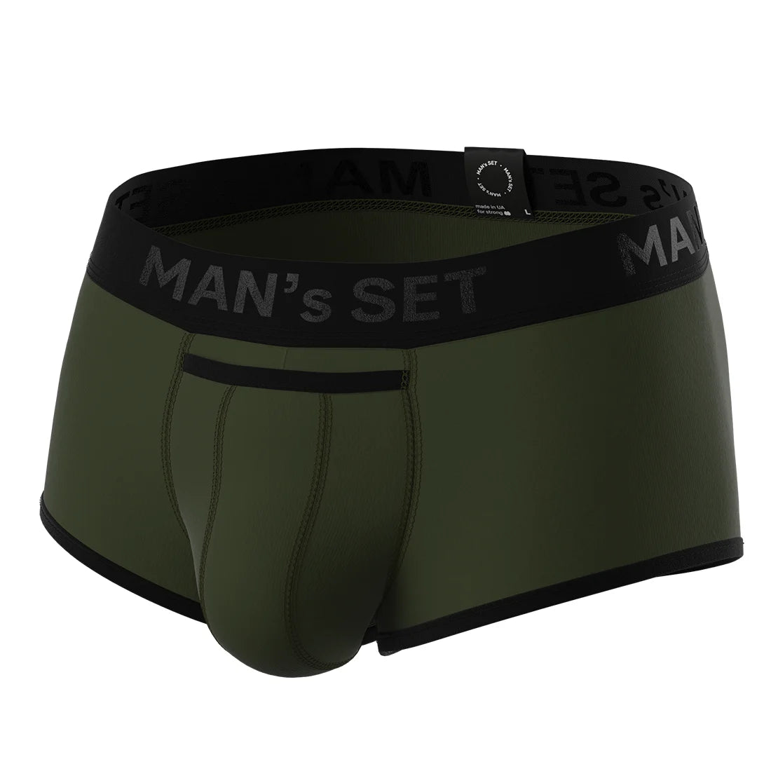 Man’s SET ProActive Stretch Trunk in khaki with  OpenFly, anatomical men’s underwear for active comfort, angled front view