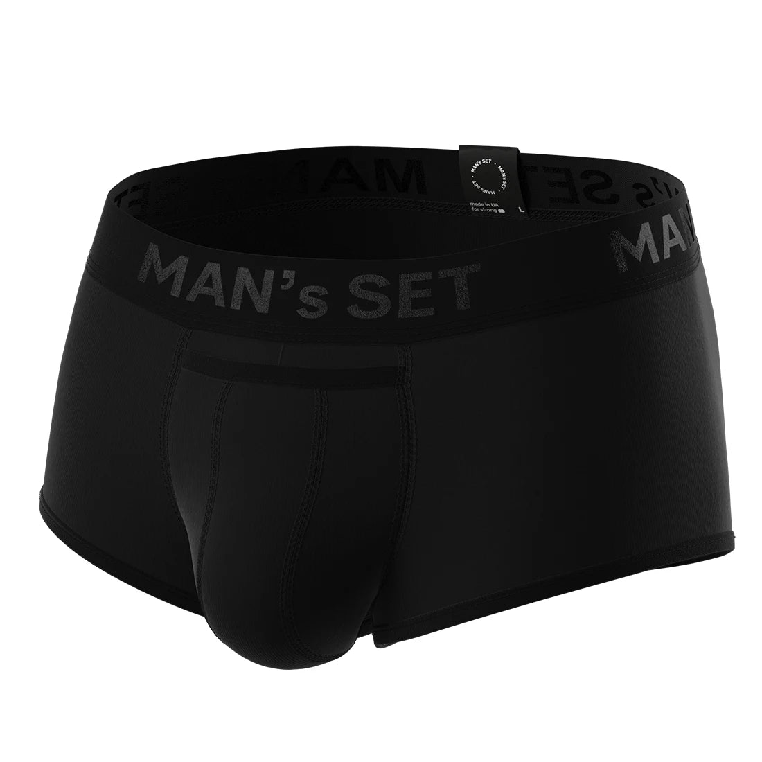 Man’s SET ProActive Stretch Trunk 3.2" OpenFly in black, anatomical men’s underwear with ergonomic pouch, front angle view
