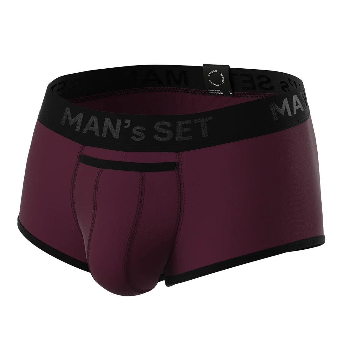 Man’s SET ProActive Stretch Trunk in plum, anatomical men’s underwear with OpenFly and anatomical pouch, front angle view