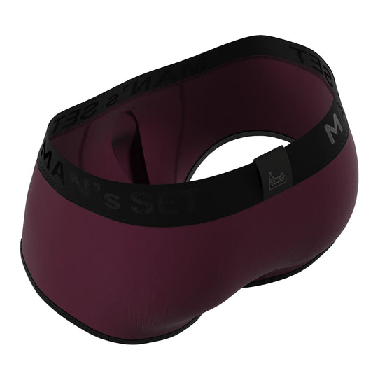 Man’s SET plum ProActive Stretch Trunk, anatomical men’s underwear with 3.2" inseam and sculpted fit, top-back angle view