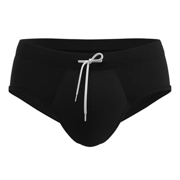 Man’s SET black anatomical men’s swim briefs with white drawstring, front view