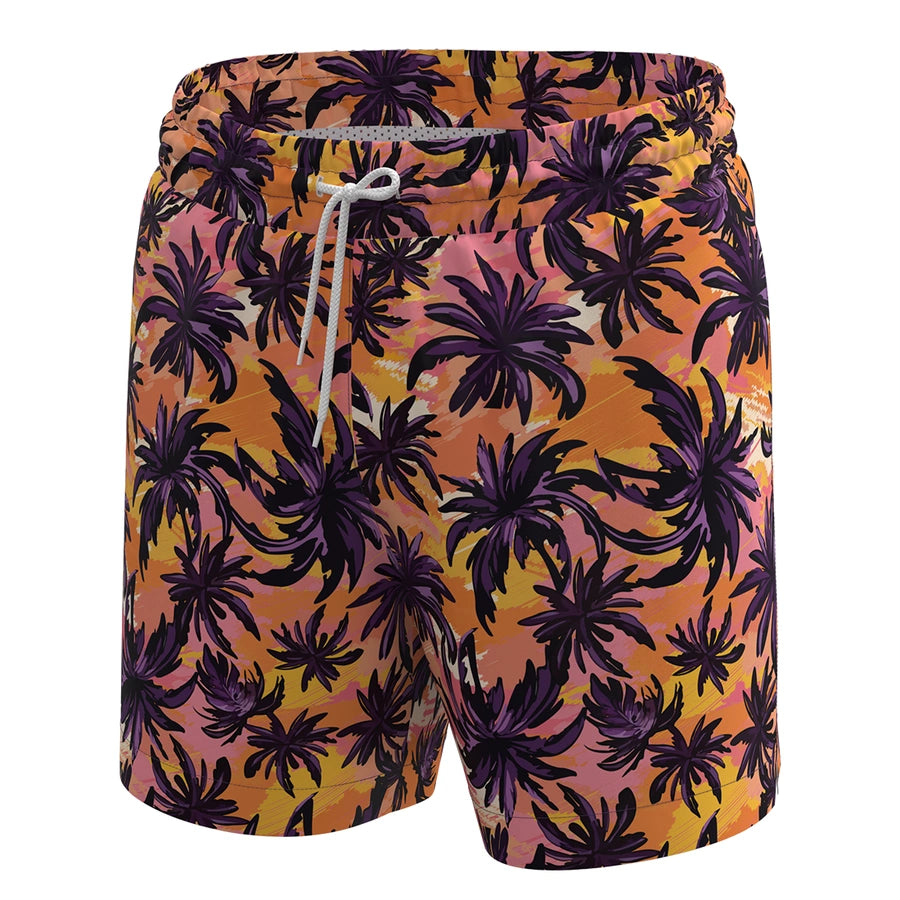Man’s SET Anatomic Shorts 2.0 in orange palm print, men’s tropical swimwear with adjustable drawstring, front view