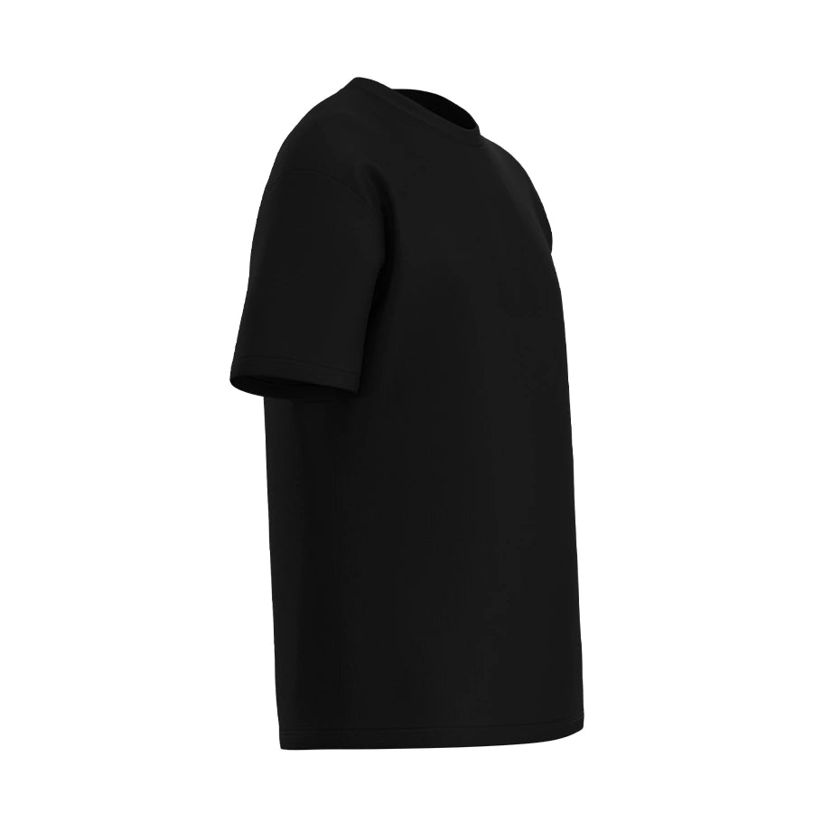 Man’s SET oversized T-shirt in black, heavyweight breathable cotton, relaxed fit for men’s casual wear, side view