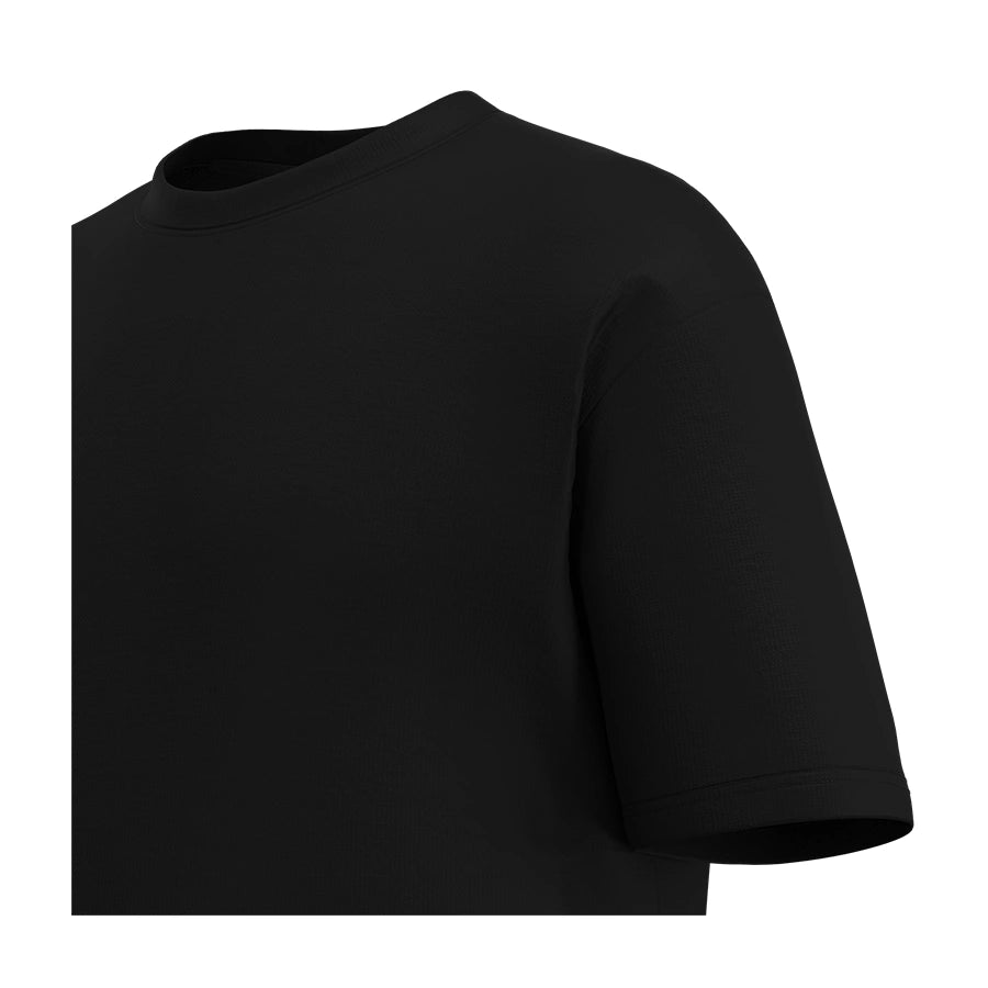 Man’s SET oversized T-shirt in black, heavyweight cotton fabric with relaxed sleeve fit, close-up detail view