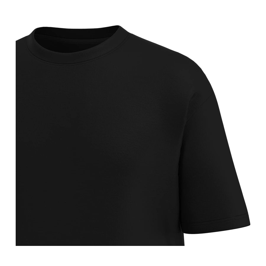 Close-up of Man’s SET black oversized T-shirt, heavyweight cotton fabric, breathable and soft finish, detail view