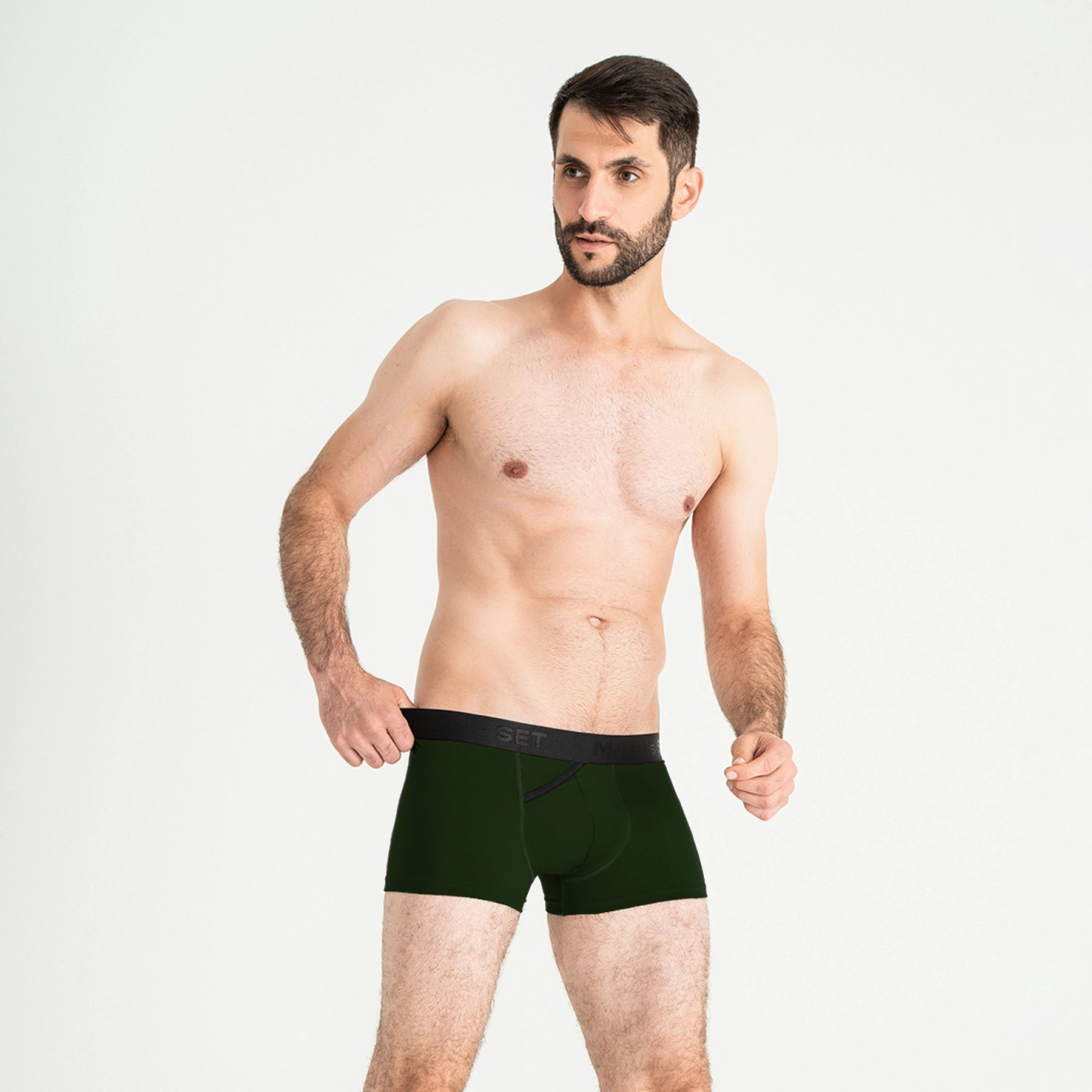 Comfortable men’s underwear by Man’s SET in forest green, FlexFit Trunk 3.2" OpenFly, model front view