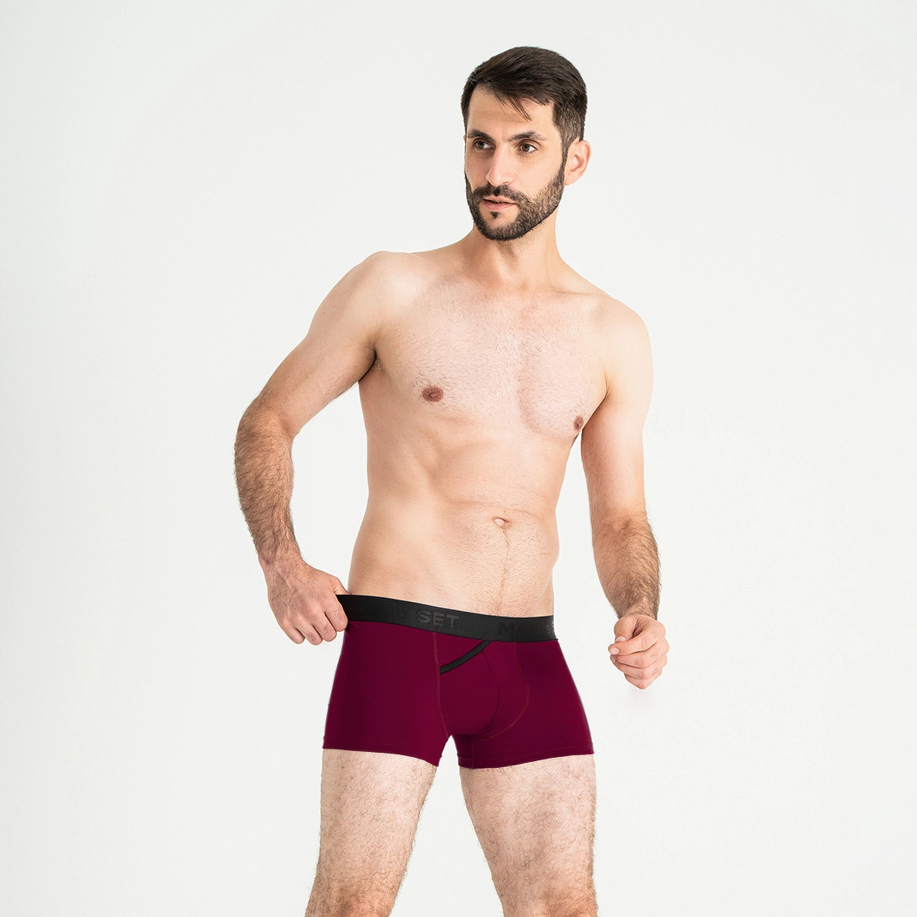 Comfortable men’s underwear by Man’s SET, plum FlexFit Trunk 3.2" OpenFly with anatomical pouch, front view