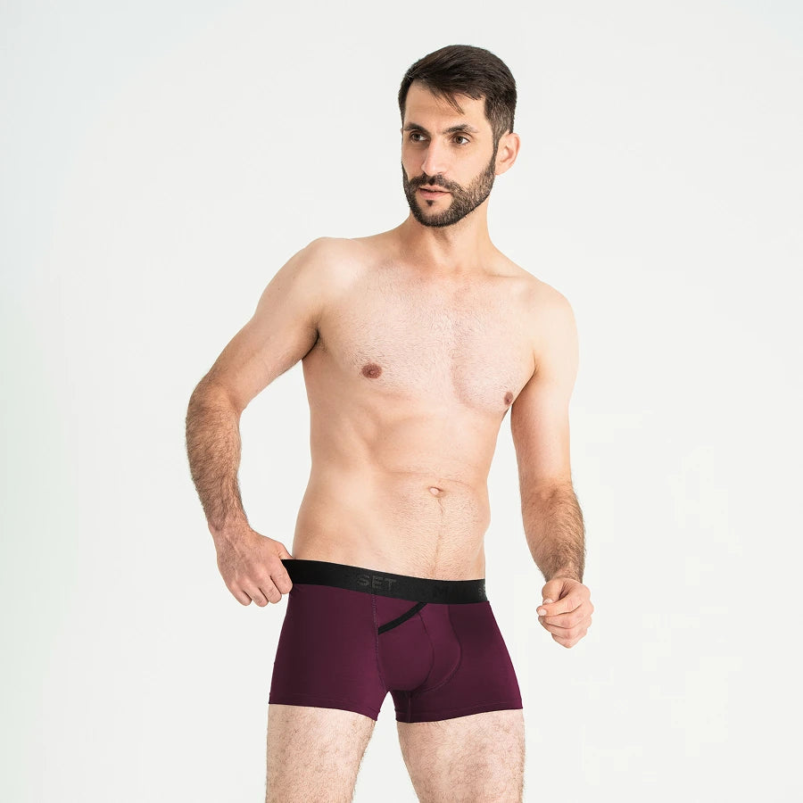 Men’s FlexFit Trunk with skew fly in Plum On Model